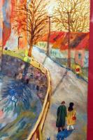 Milichovszky András: Utcarészlet patakkal. Akvarell, papír, jelzett, 44×40 cm