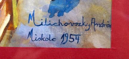 Milichovszky András: Utcarészlet patakkal. Akvarell, papír, jelzett, 44×40 cm