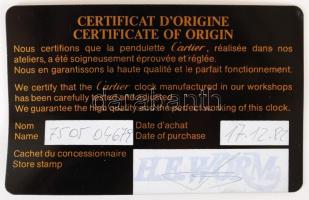 1982 Cartier luxus ébresztőóra. Quartz, elem nélkül, díszdobozban, eredeti papírokkal, tanusítvánnya...