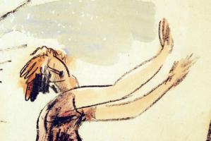 Márffy Ödön (1878-1959): Táncosnő. Akvarellel színezett litográfia, jelzett, üvegezett keretben 43×3...