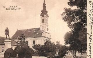 Baja, Tóth Kálmán tér, szobor, templom; Kádas dohánytőzsde kiadása