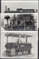 Közlekedési Múzeum Fotóarchívum: 3 db régi mozdonyokról készült fotó, hátoldalon feliratozva, pecséttel jelzett, az egyik kép felülete sérült, 18x13 cm