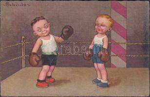 Boxing boys, boxing ring, Italian art postcard s: Colombo (EK)