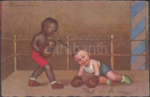 Boxing boys, boxing ring, black boy, Italian art postcard s: Colombo