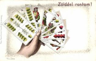 'Zölddel rontom' magyar kártyás képeslap; kiadja Ferenczi B. / Tell playing cards, litho (EK)