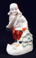 Orosz porcelán síelő gyerek, apró kopásnyomokkal, jelzett, m: 16 cm