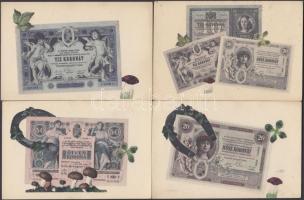8 db RÉGI használatlan motívumlap; numizmatika, osztrák-magyar korona bankjegyek / 8 old unused motive cards; numismatic, Austro-Hungarian krone banknotes