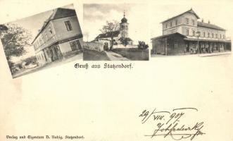 Statzendorf, Gemischtwarenhandlung D. Ruhig, Kirche, Bahnhof / Ruhig's shop, church, railway station