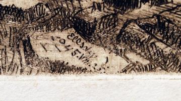 Élesdy István (1912-1987): A lebombázott Lánchíd. Rézkarc, papír, jelzett, 24x20 cm