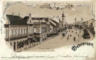 Debrecen, Piac utca, Rohner szálloda, villamos, floral Art Nouveau litho