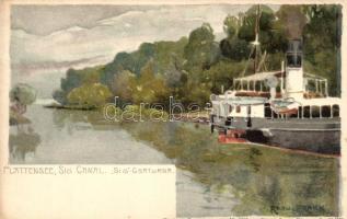 Siófok, Sió-csatorna, gőzhajó, Ottmar Zieher Künstler-Heliocolorkarte No. 2836. litho s: Raoul Frank (b)