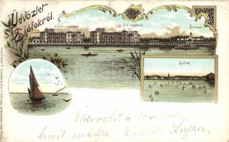 Siófok, Hullám és Sió szálloda, étterem, vitorlás, kiadja Kaufman F. Art Nouveau litho (EK)