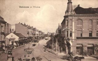 Debrecen, Fő utca, Royal kioszk, Bankegyesület, villamos