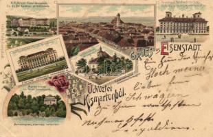 Kismarton, Eisenstadt; Katonai alreáliskola, Eszterházy hercegi kastély, Kálváriatemplom, Mária templom, várkert; Anton Pinter / military school, castle, church, floral Art Nouveau litho (EK)
