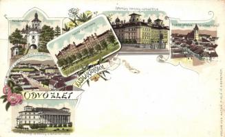 Kismarton, Eisenstadt; Katonai alreáliskola, Kálváriahegy, Eszterházy hercegi kastély / military school, church, castle floral Art Nouveau litho (lyuk / pinhole)