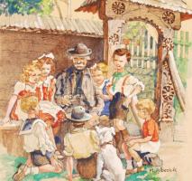 Mühlbeck Károly (1869-1943): Nagyapóéknál (borítóterv). Akvarell, papír, jelzett, 23×15 cm