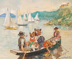 Mühlbeck Károly (1869-1943): Mackó úr újabb utazásai (borítóterv). Akvarell, papír, jelzett, 25×19 c...