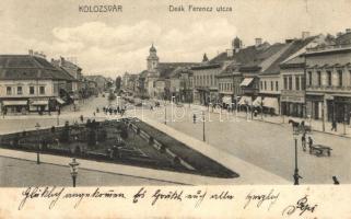 Kolozsvár, Deák Ferenc utca, Wolf J. gyógyszertára, Stein Z. üzlete, Tamási Tamás és fia üzlete, Schuster Emil kiadása / street, shops (b)