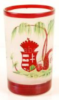 XIX. sz. közepe: Magyar címeres antik emlékpohár, kézzel festett, gravírozott, hibátlan / Vintage glass with HUngarian coat of arms m:13 cm
