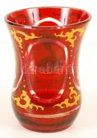 XIX. század: Antik emlékpohár, kézzel festett, rubinpácolt, rajta többek között gyógyszerész díszítéssel, hibátlan / Conmemorative glass with ruby color and pharmacist ornament m:11,5 cm