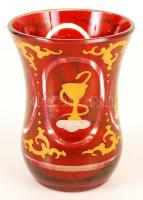 XIX. század: Antik emlékpohár, kézzel festett, rubinpácolt, rajta többek között gyógyszerész díszíté...