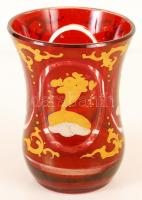 XIX. század: Antik emlékpohár, kézzel festett, rubinpácolt, rajta többek között gyógyszerész díszíté...