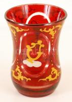 XIX. század: Antik emlékpohár, kézzel festett, rubinpácolt, rajta többek között gyógyszerész díszíté...