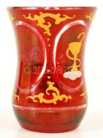 XIX. század: Antik emlékpohár, kézzel festett, rubinpácolt, rajta többek között gyógyszerész díszíté...