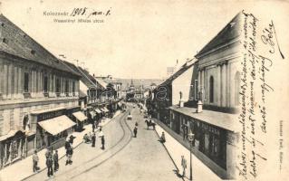 Kolozsvár, Wesselényi utca, Kovács József és Pap Ernő üzlete, Schuster Emil kiadása / street, shops (EK)
