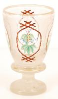 XIX. század: Antik talpas emlékpohár, kézzel festet, homok fújt, hibátlan / Vintage conmemorative glass m:13,5 cm