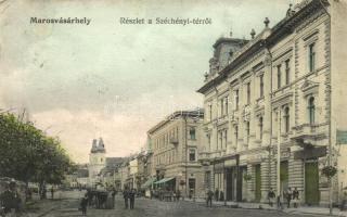 Marosvásárhely, Széchenyi tér, F. Vilmos lisztraktára, Szetgyörgyi István hús árulása, Fischer Gyula és fia üzlete / square, shops (EK)