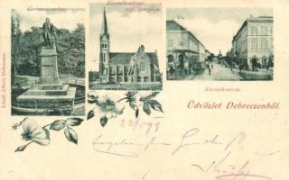 1899 Debrecen, Csokonai szobor, Kossuth utca, Református templom, floral, László Albert kiadása