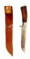 Agancs nyelű vadászkés, tokban, h:25 cm
