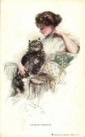 'Leisure moments' lady and cat, Reinthal & Newman No. 199. s: Harrison Fisher, 'Nyugodt pillanatok', Reinthal & Newman No. 199. s: Harrison Fisher