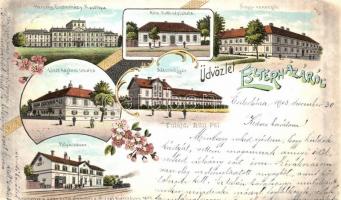 Eszterháza, Fertőd; Esterházy-kastély, nádszövőgyár, nagyvendéglő, vasútállomás; kiadja Kummert L. Nr. 136., litho (EK)
