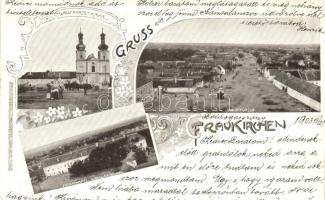 Boldogasszony, Frauenkirchen; Wallfahrtskirche, Herschäftliche Wohgebäude, Hauptgasse; Verlag J. Horvath / church, mansion house, main street; floral (EK)