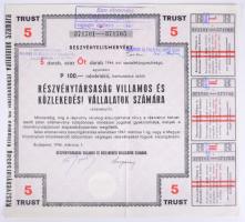 Budapest 1946. "Részvénytársaság Villamos és Közlekedési Vállalatok Számára" részvényelismervény 5db egyenként 100P névértékű részvényről bélyegzésekkel, szelvényekkel T:II