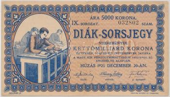Budapest 1925. "Diák-sorsjegy IX. sorozat" 5000K T:III