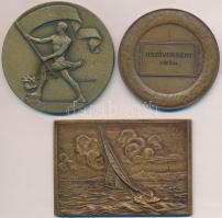 Madarassy Walter (1909-1994) DN "Pénzintézeti Központ Tisztviselőinek Sport Egyesülete" fém sportérem (55mm) + Ligeti Miklós (1871-1944) 1934. "Pesti Magyar Kereskedelmi Bank T.S.E. 1911-1931 / Úszóverseny 1934" Br sportérem (50mm) + Boczán Gyula - Gácsik Lajos (1905-1981) DN "Vitorlások" Br plakett (68x48mm) T:2,2-