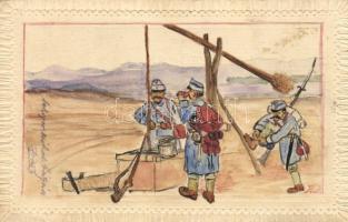 WWI soldiers, hand-painted postcard (small tear)