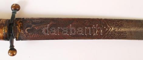 Antik vadásztőr, díszített pengével, vésett, csont markolattal, bőr-réz hüvellyel, h:50 cm