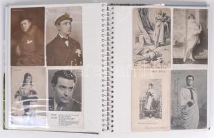 Gyűrűs képeslap album 40 db RÉGI motívumlappal; magyar színészek, művészlapok / Postcard album with 40 old motive cards; Hungarian actors, art