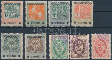 6 klf magyar okmánybélyeg FIUME felülnyomással + 3 klf fiumei emlékív