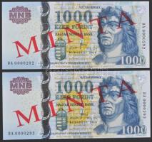 2010. 1000Ft "MINTA" és "SPECIMEN" felülnyomással (2x) DA sorozat Egymást követő...