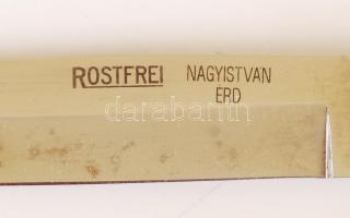 Agancs nyelű vadász evőeszközkészlet, késekkel, kanalakkal, villákkal, 19 db, bőr tokban, a pengén N...