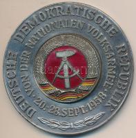 NDK 1958 "A baráti hadseregek I. spartakiádja" zománcozott fém plakett dísztokban T:II / German Democratic Republic 1958 "I Spartakiade der Befreundeten Armeen" enameled plaquet in case. C:XF