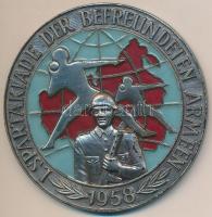 NDK 1958 "A baráti hadseregek I. spartakiádja" zománcozott fém plakett dísztokban T:II / G...