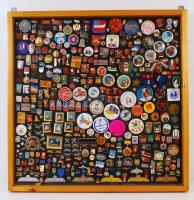 kb 350db-os magyar és külföldi kitüntetés, jelvény gyűjtemény főleg a szocialista időszakból, 65x62cm-es üvegezett tablóban T:vegyes