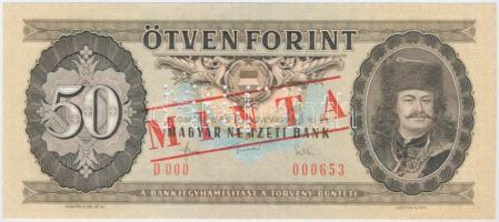 1983. 50Ft "D 000 - 000653" sorozat és sorszámmal illetve piros "MINTA" felülnyomással és perforációval T:I Hungary 1983. 50 Forint with "D 000 - 000653" serial number and with red "MINTA" (SPECIMEN) overprint and perforation C:UNC Adamo F23Ma