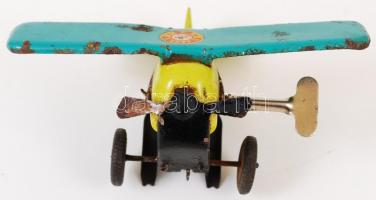 Régi lemezgyári pléh mechanikus bukfencező repülőgép, felhúzóval, 13x10 cm
